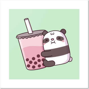 Cute Panda Hugging Strawberry Bubble Tea Posters and Art